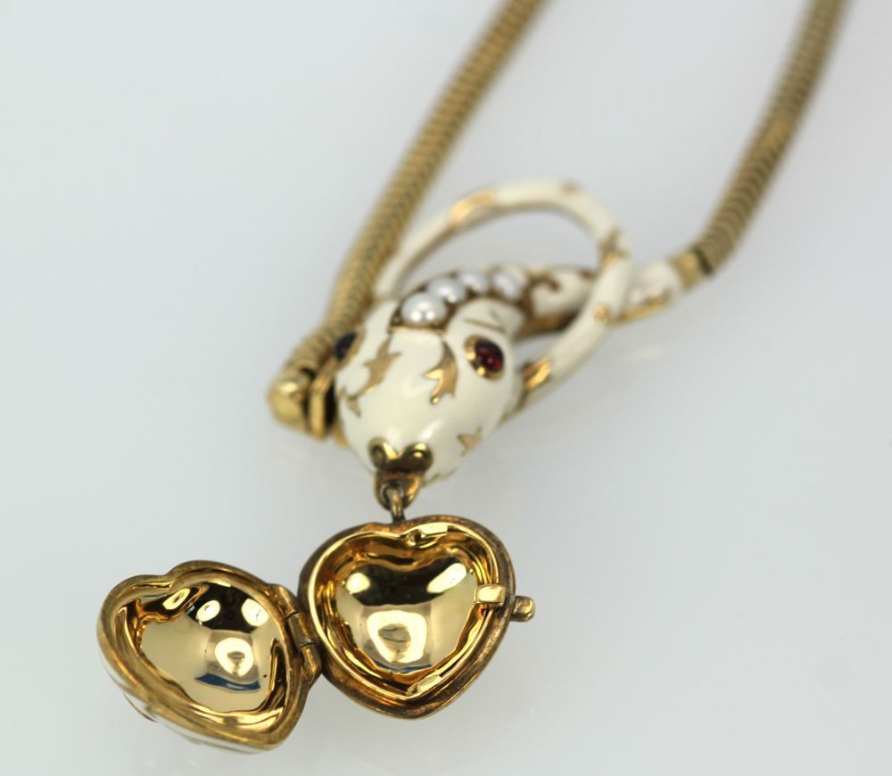 Vintage White Enamel Snake 18K Necklace – open heart