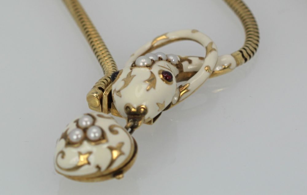 Vintage White Enamel Snake 18K Necklace – close up