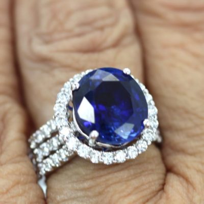 Rich Dark Blue Sapphire Diamond Ring - on finger