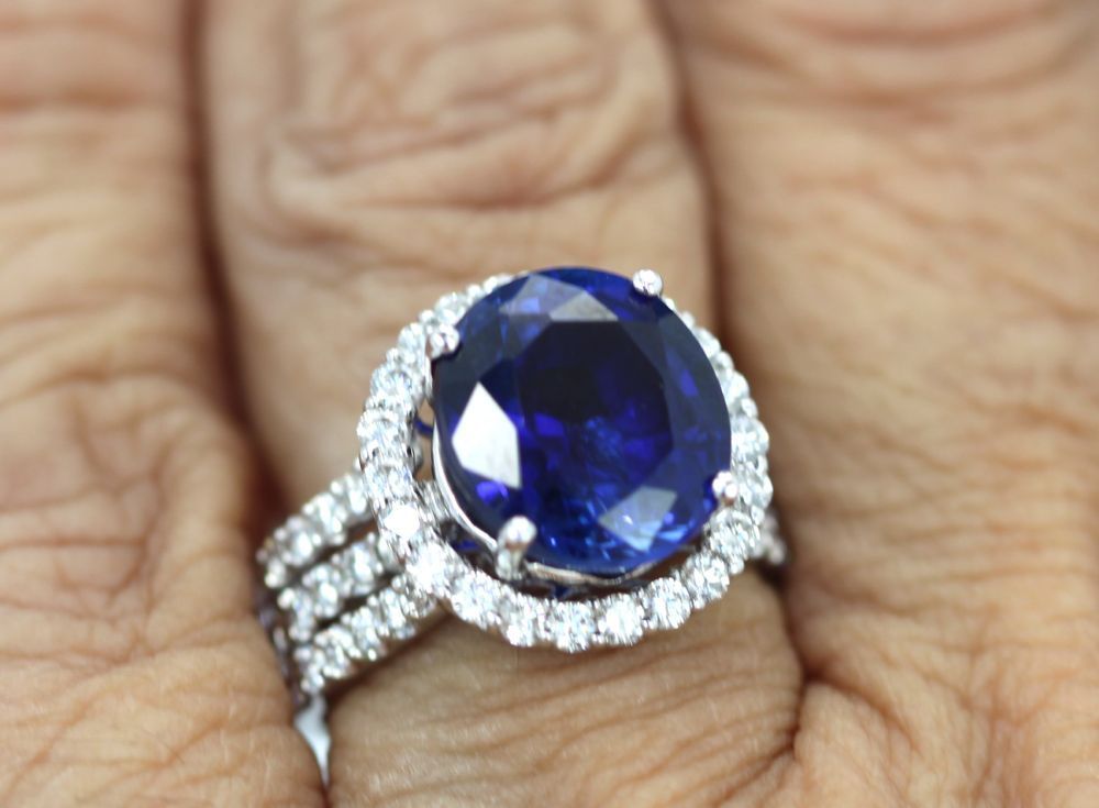Rich Dark Blue Sapphire Diamond Ring – on finger