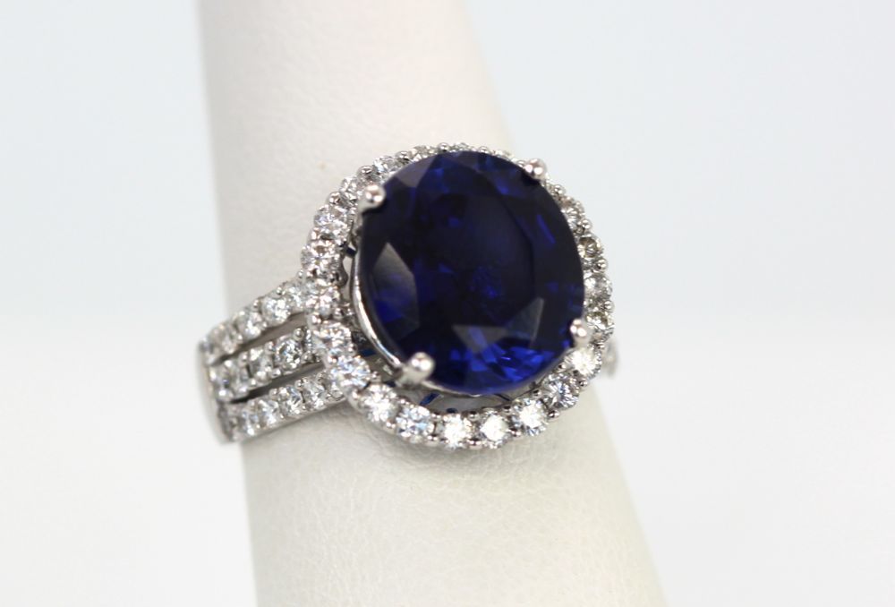 Rich Dark Blue Sapphire Diamond Ring – on model