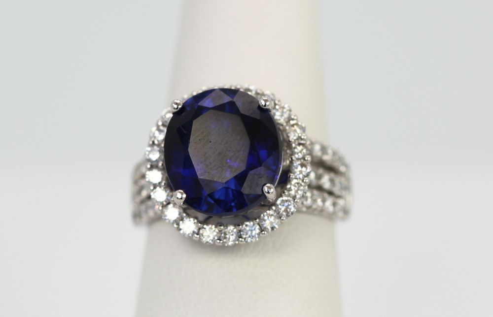 Rich Dark Blue Sapphire Diamond Ring – on model #2