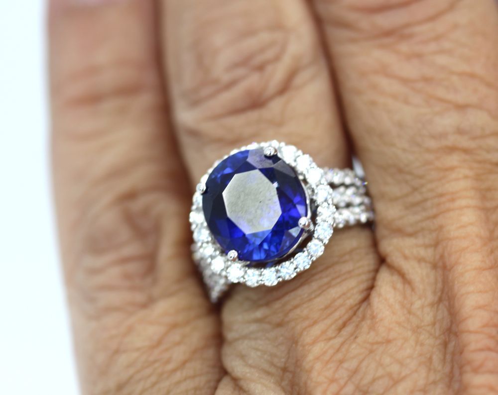 Rich Dark Blue Sapphire Diamond Ring – on finger #2