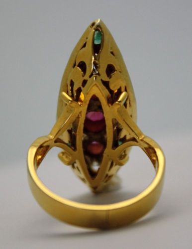 Deco Ruby Emerald & Diamond Pagoda Ring – back
