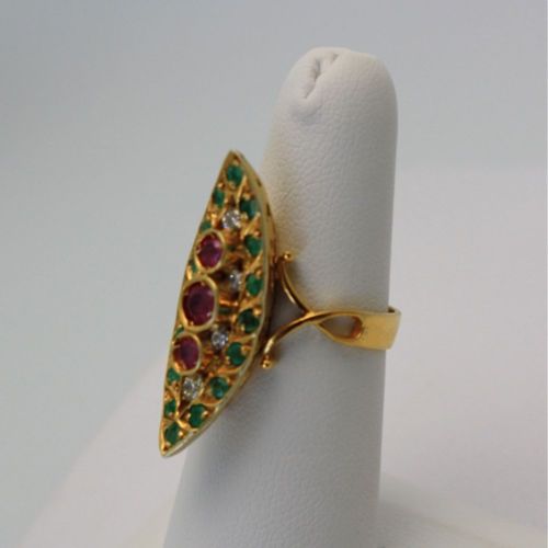 Deco Ruby Emerald & Diamond Pagoda Ring – side view