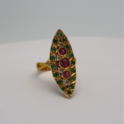 Deco Ruby Emerald & Diamond Pagoda Ring – angle