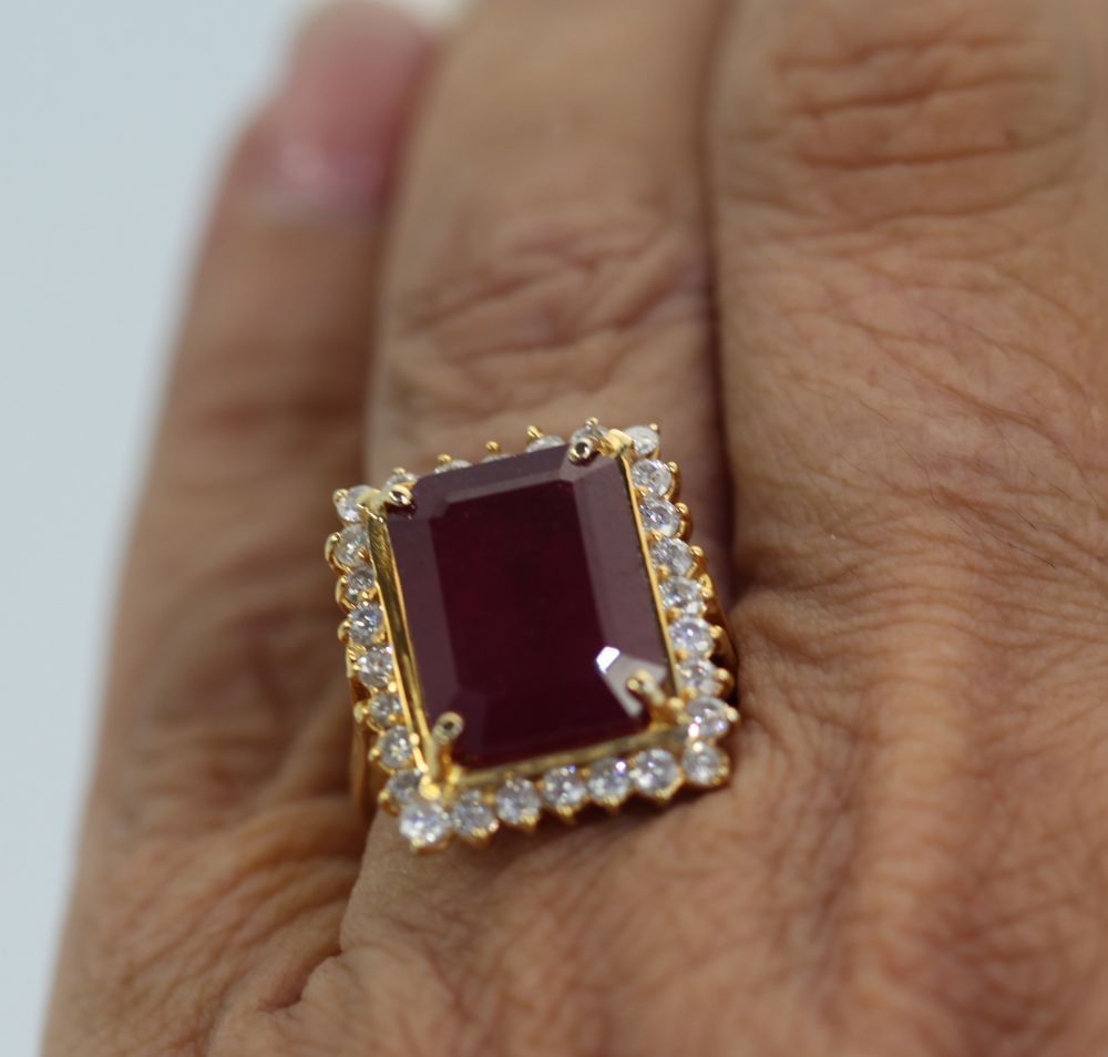 Emerald Cut 13 Ct Ruby Diamond Ring – on finger