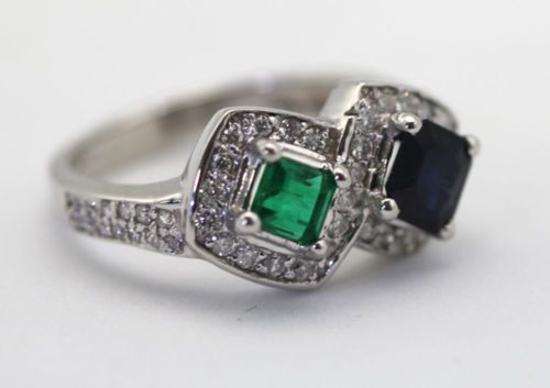Emerald Sapphire Two Stone Ring – side angle