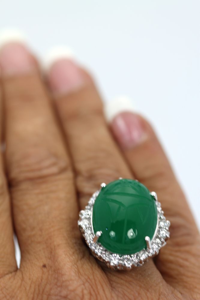 Chrysoprase Scarab Diamond Ring – on finger