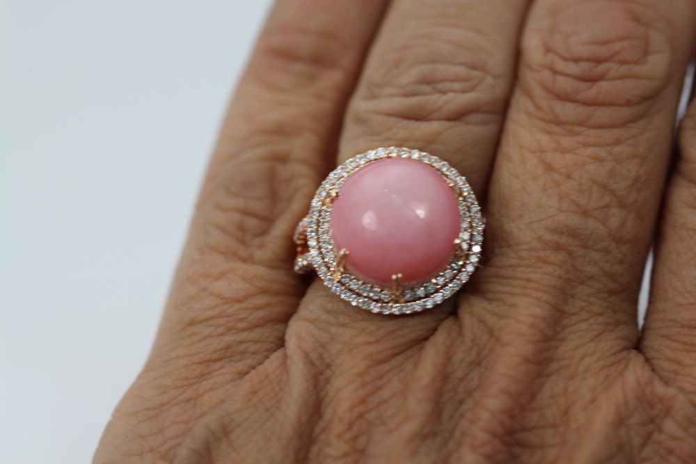 Rare Pink Opal Double Diamond Surround – on finger