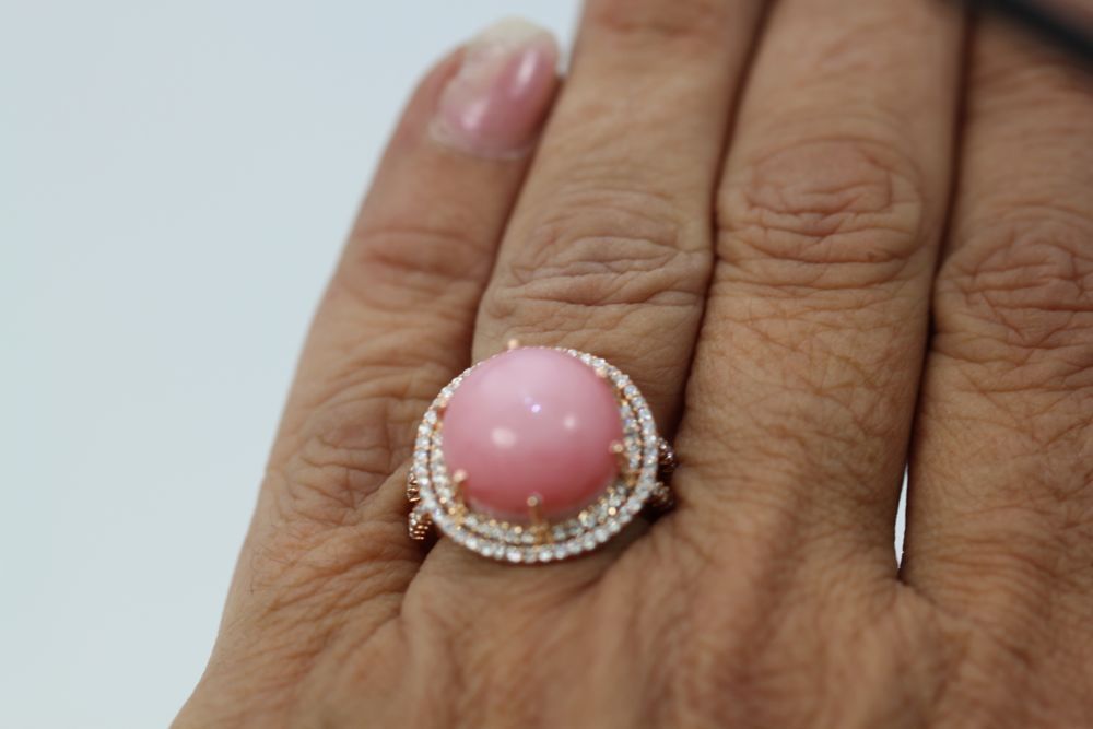 Rare Pink Opal Double Diamond Surround – finger