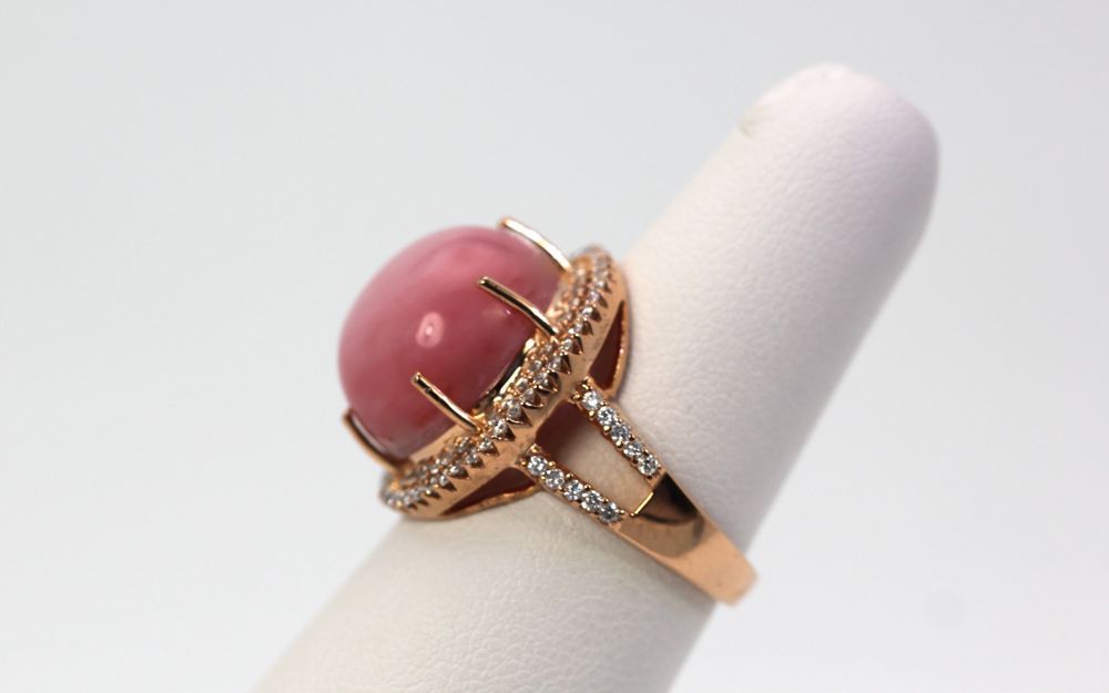 Rare Pink Opal Double Diamond Surround – side on model