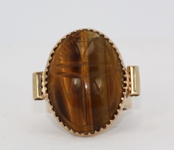 Vintage 18K Golden Tigers Eye Scarab Ring