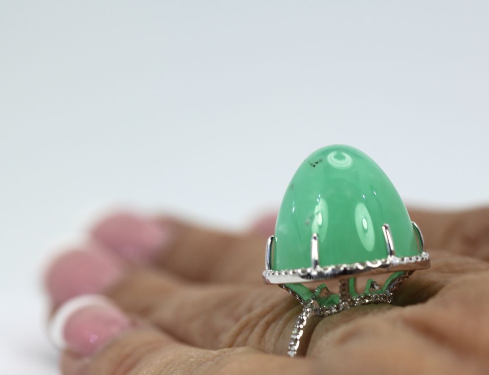 Chrysoprase Bullet Ring With Diamond Surround – on finger