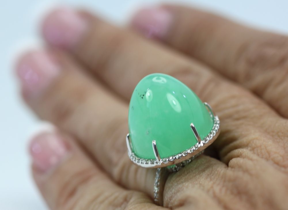Chrysoprase Bullet Ring With Diamond Surround – on finger #2