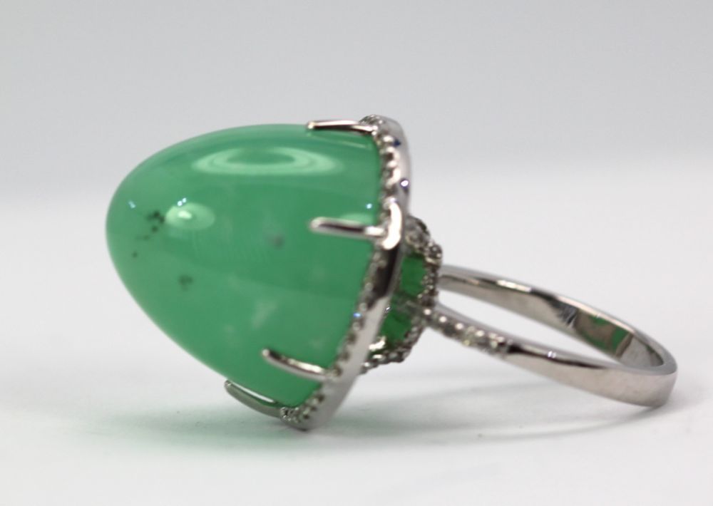 Chrysoprase Bullet Ring With Diamond Surround – side view #2