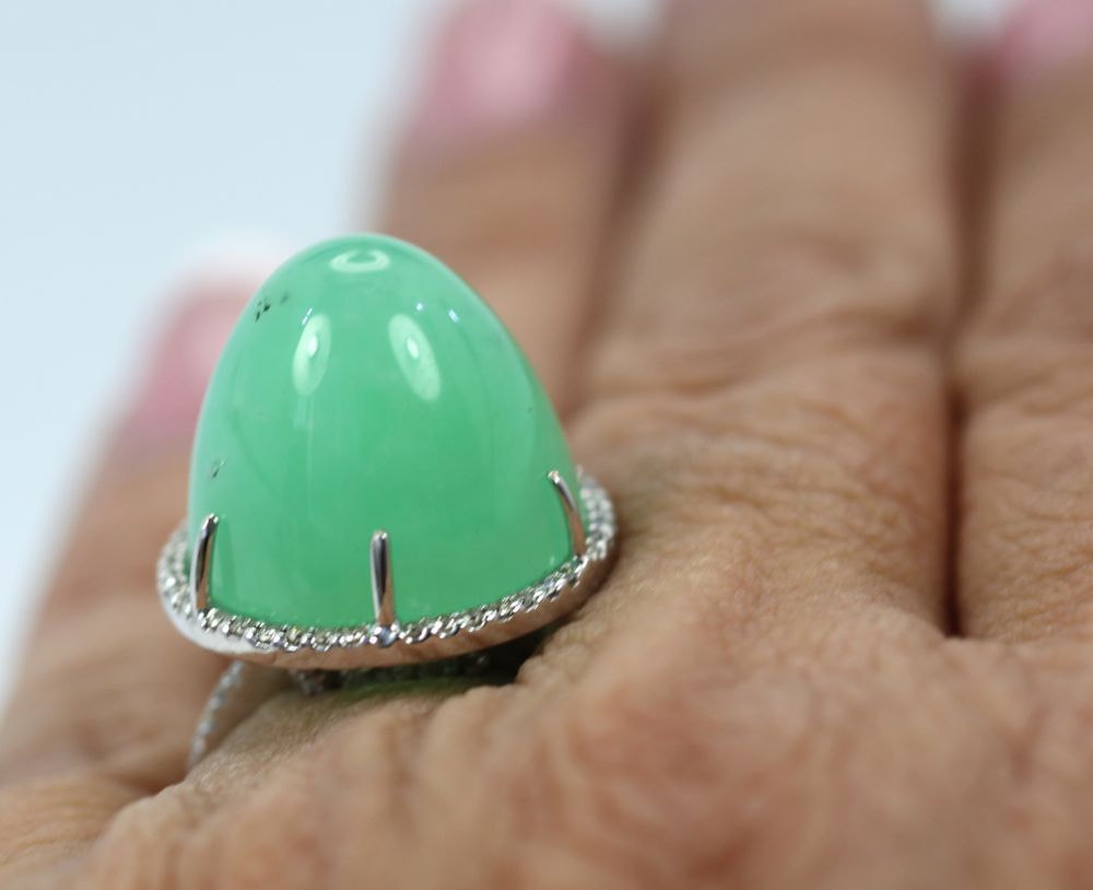 Chrysoprase Bullet Ring With Diamond Surround – close up