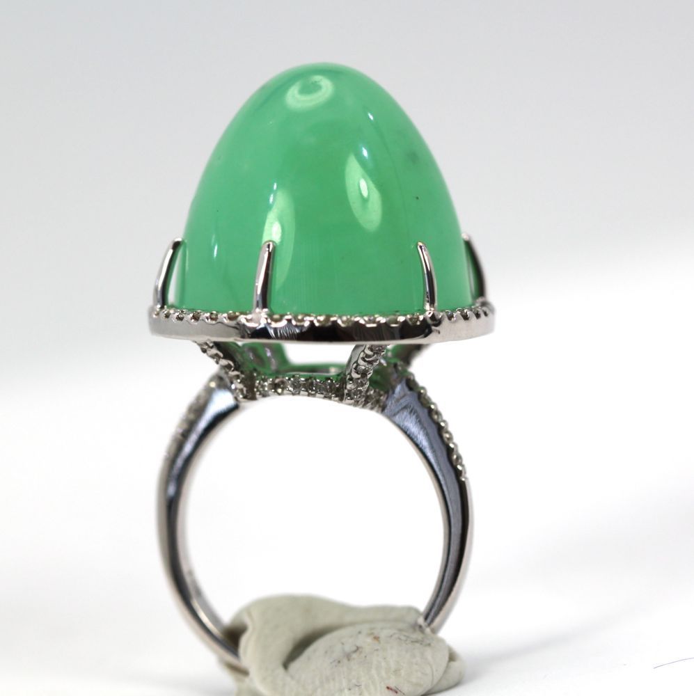 Chrysoprase Bullet Ring With Diamond Surround – on stand