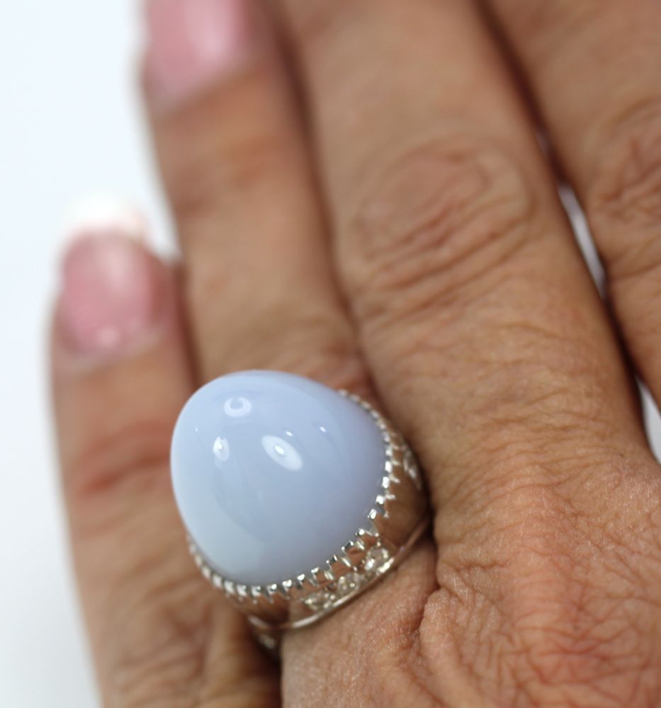 Pale Blue Chalcedony Bullet Ring – on finger