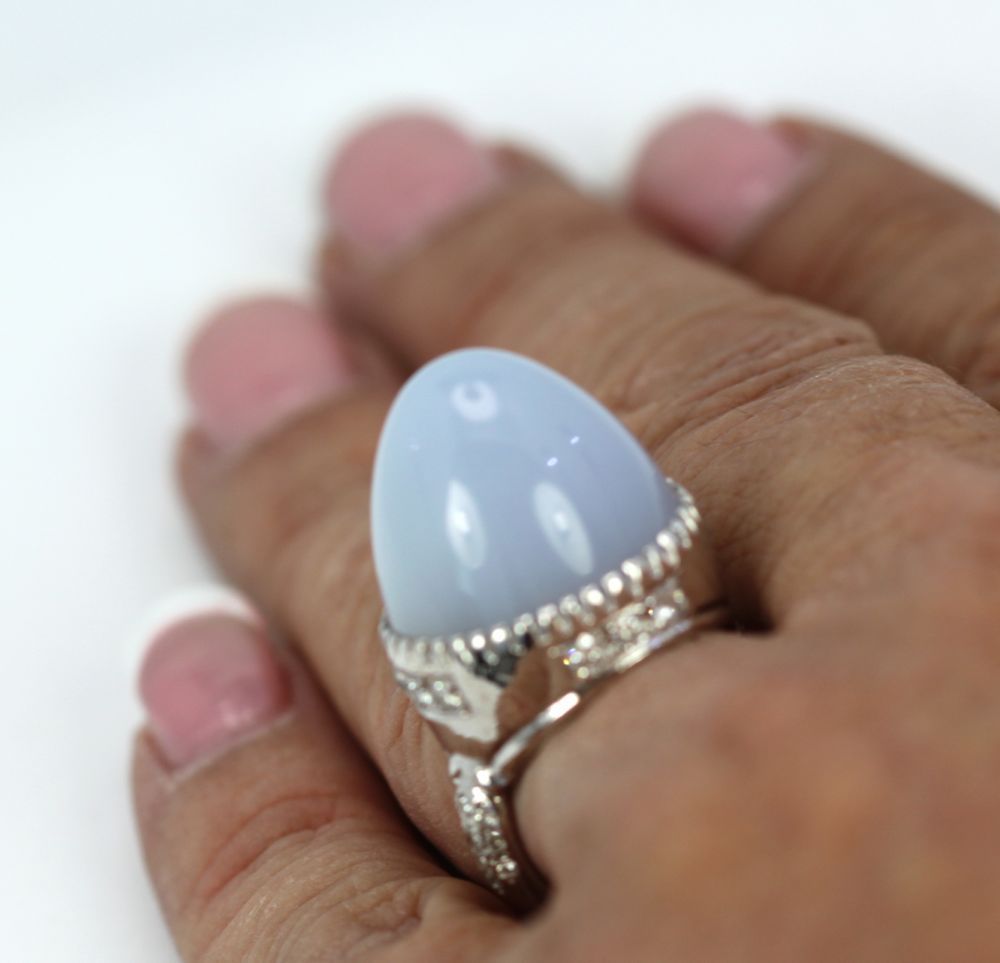 Pale Blue Chalcedony Bullet Ring – on finger 2
