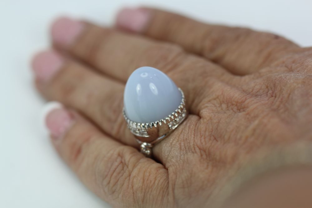 Pale Blue Chalcedony Bullet Ring – finger #3