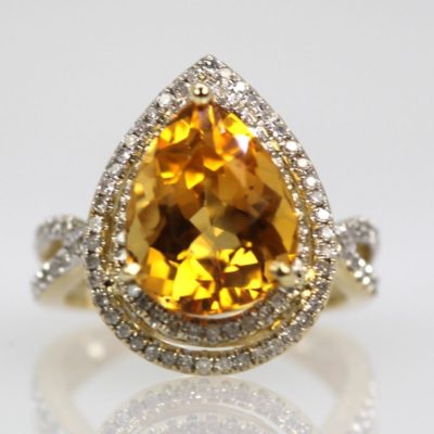 Citrine Pear Ring Double Diamond Surround