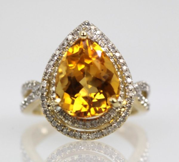 Citrine Pear Ring Double Diamond Surround