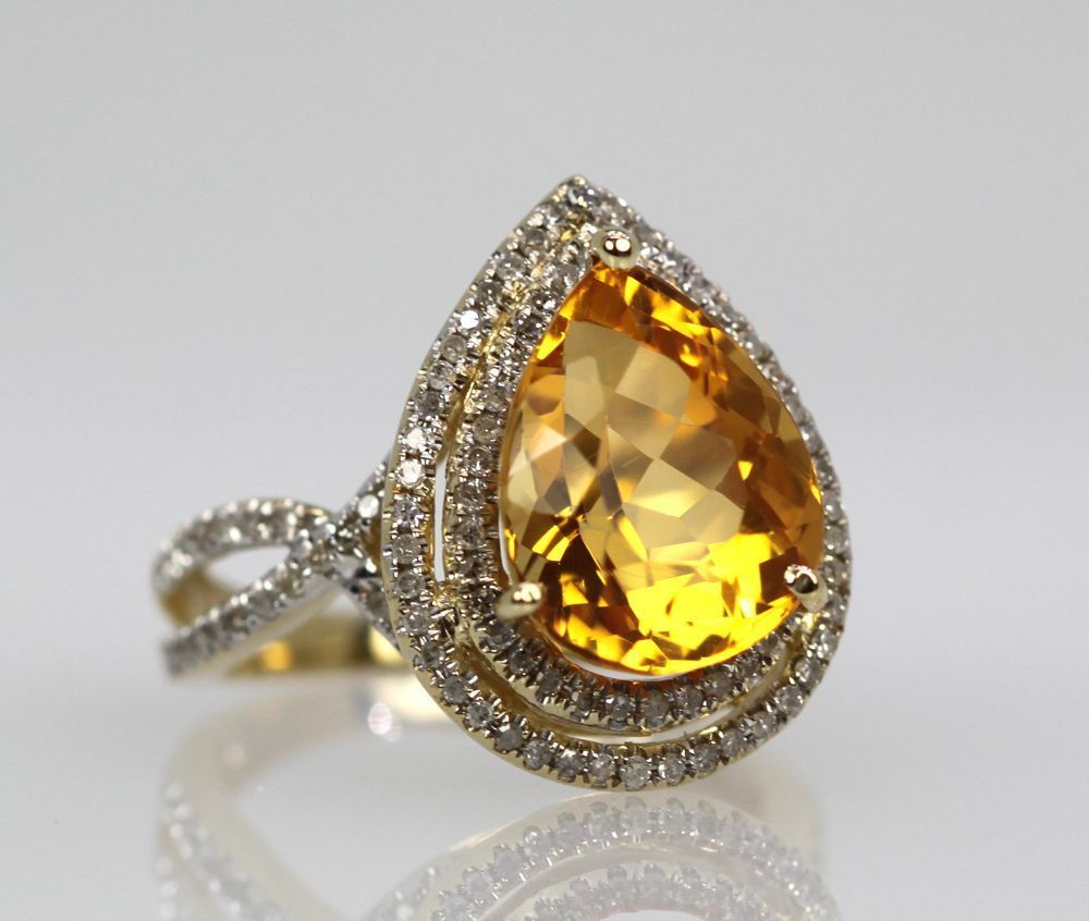 Citrine Pear Ring Double Diamond Surround – angle