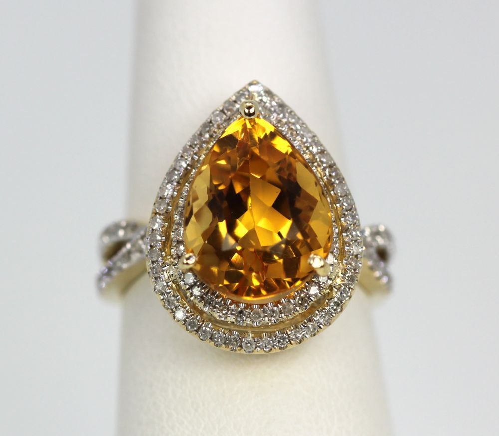 Citrine Pear Ring Double Diamond Surround – detail
