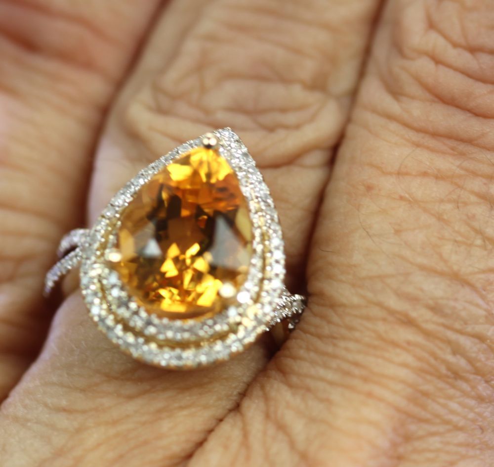 Citrine Pear Ring Double Diamond Surround – on finger