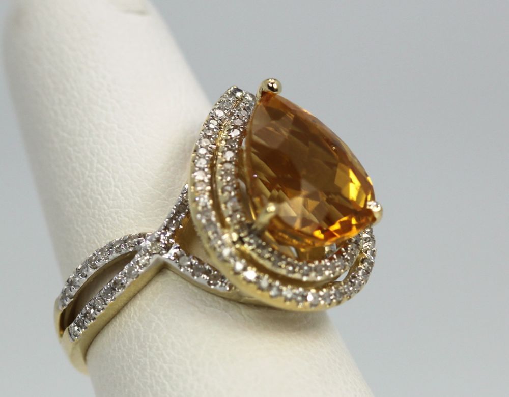 Citrine Pear Ring Double Diamond Surround – angle