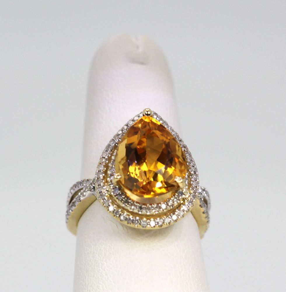 Citrine Pear Ring Double Diamond Surround – model up angle