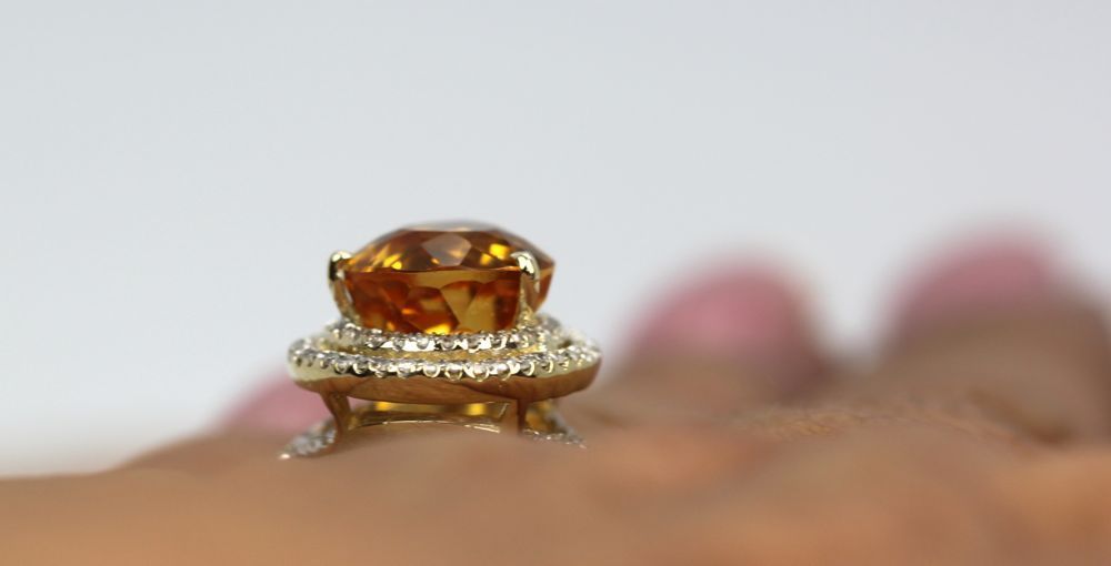 Citrine Pear Ring Double Diamond Surround – side view