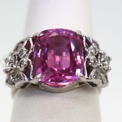 Huge Pink Sapphire Ring - Diamonds & Butterfly Accents