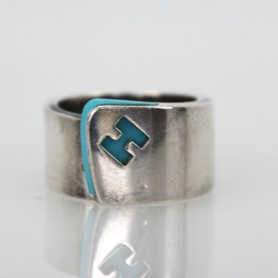 Vintage Hermes Iconic Sterling Silver Ring - Blue Enamel