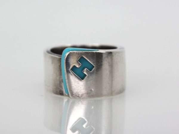 Vintage Hermes Iconic Sterling Silver Ring - Blue Enamel