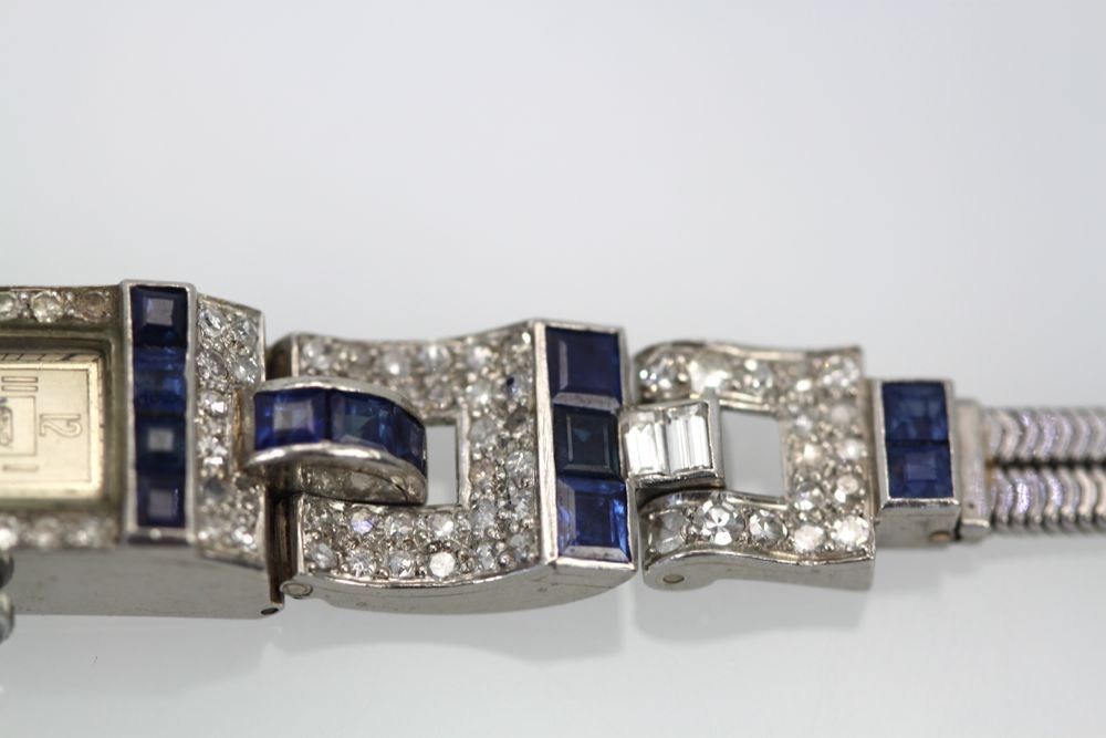Diamond Platinum Sapphire Watch – band right side