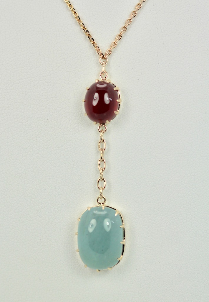 Aquamarine & Ruby Cabochon Necklace – hanging