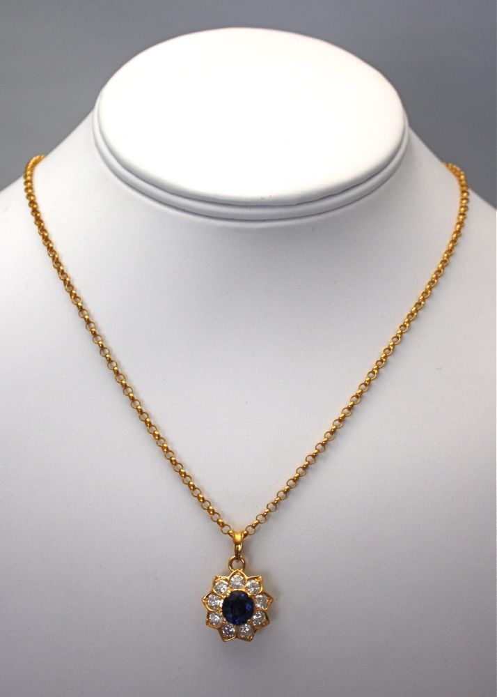 Sapphire & Diamond Pendant – with chain on model