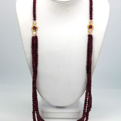 Triple Strand Ruby Bead Necklace with Diamonds