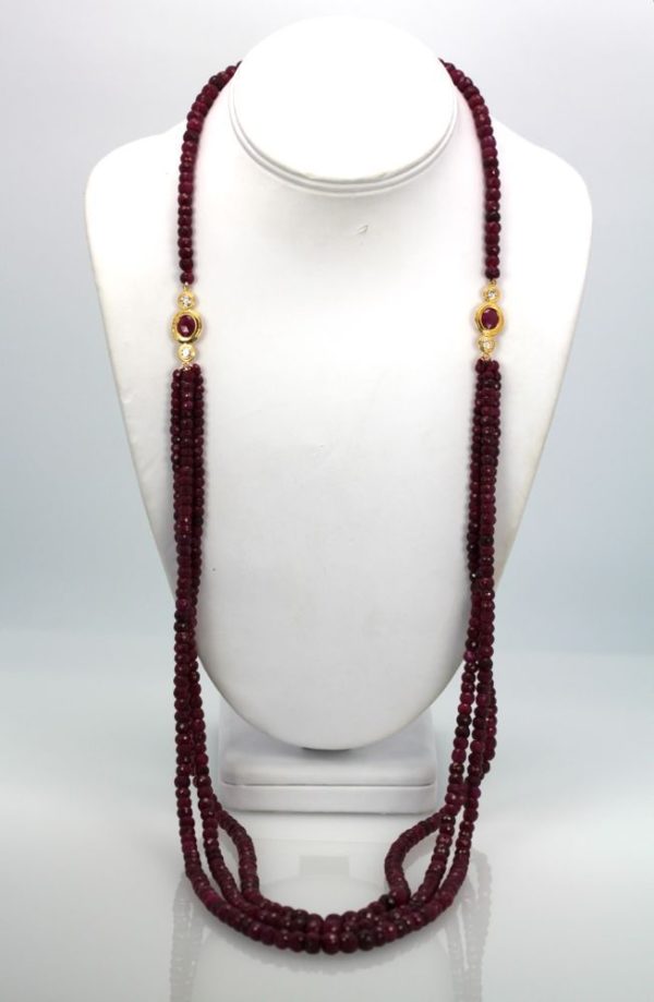 Triple Strand Ruby Bead Necklace with Diamonds