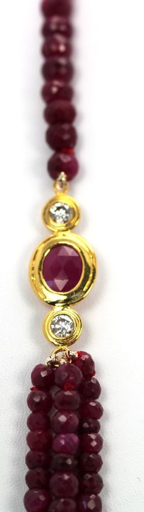 Triple Strand Ruby Bead Necklace with Diamonds – detail