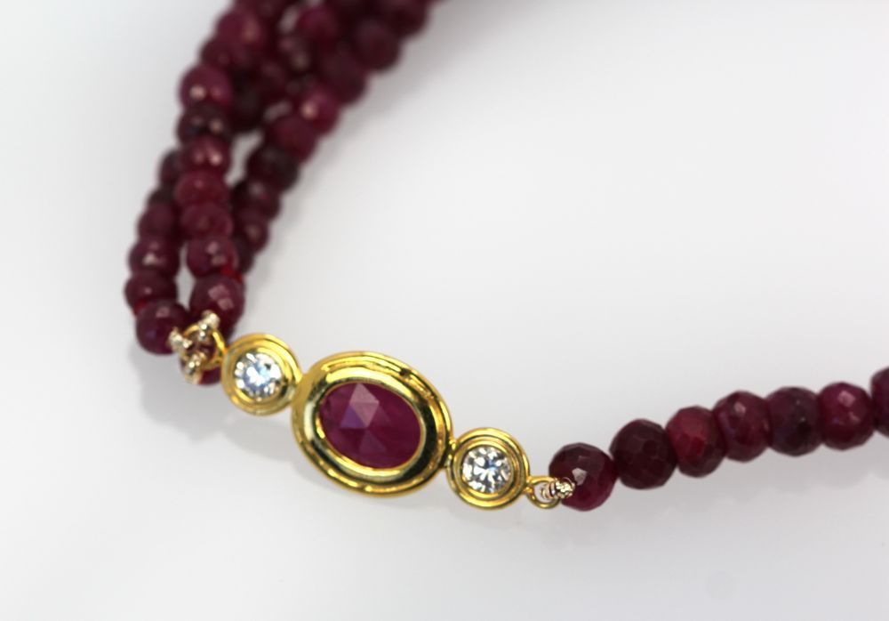 Triple Strand Ruby Bead Necklace with Diamonds – close up