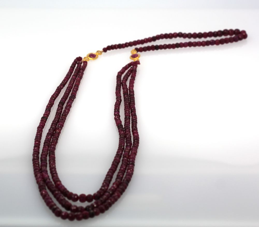 Triple Strand Ruby Bead Necklace with Diamonds – entire #2
