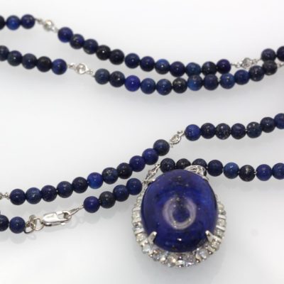 Lapis & Diamond Pendant 18K Beaded Lapis Chain