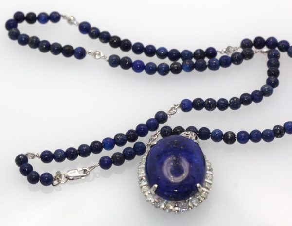 Lapis & Diamond Pendant 18K Beaded Lapis Chain