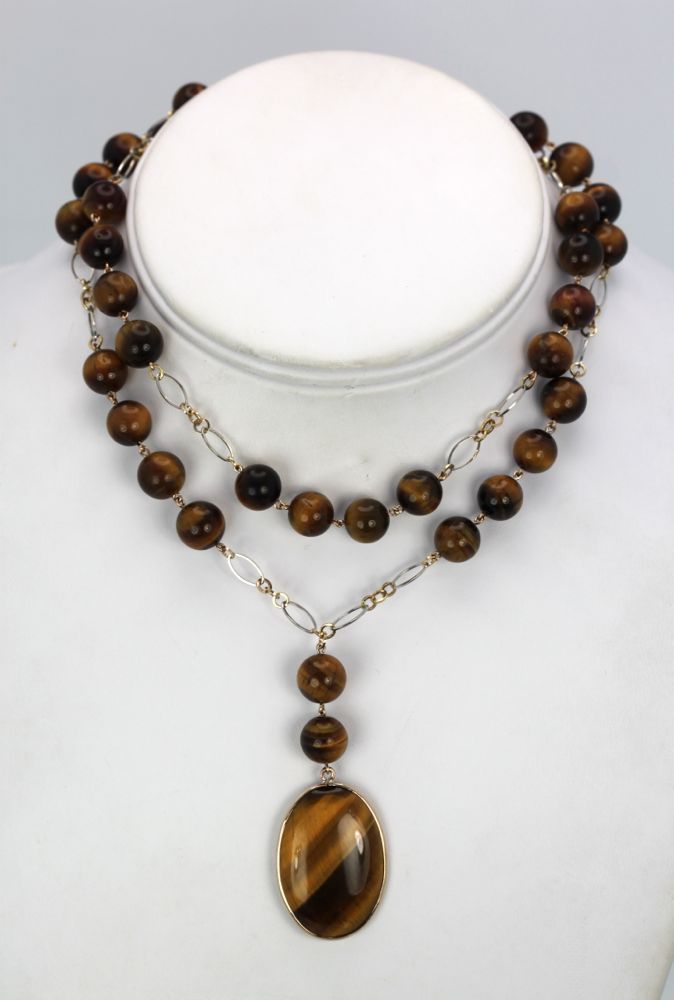 Tigers Eye Necklace 14K Beaded Chain – entire on model