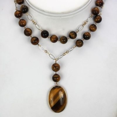 Tigers Eye Necklace 14K Beaded Chain