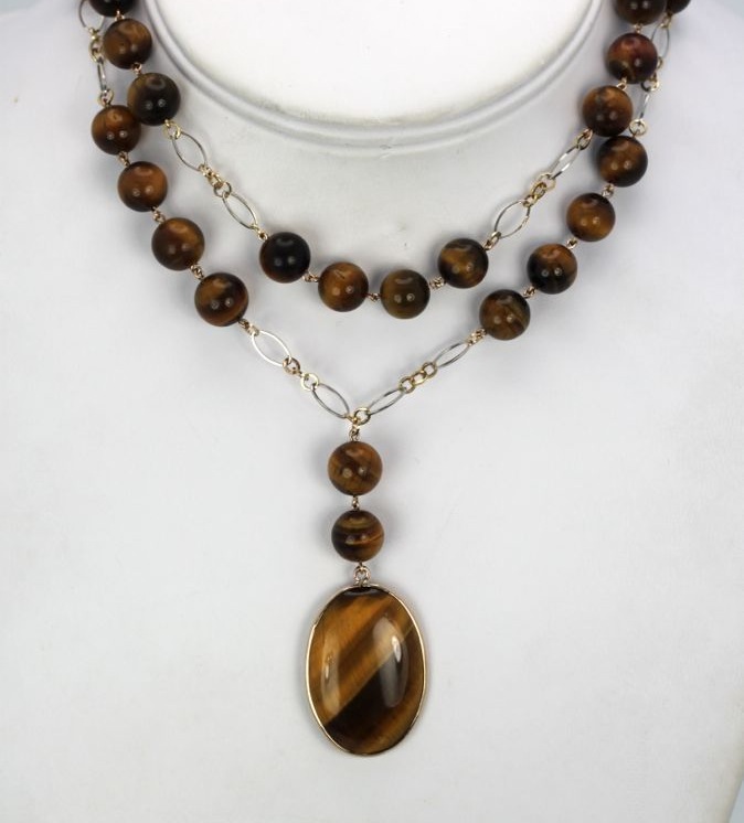 Tigers Eye Necklace 14K Beaded Chain