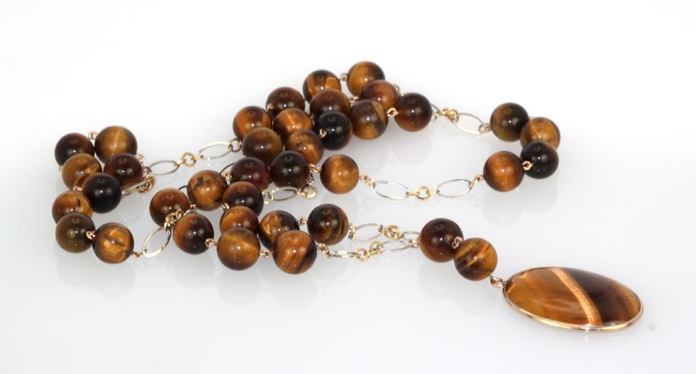 Tigers Eye Necklace 14K Beaded Chain – flat